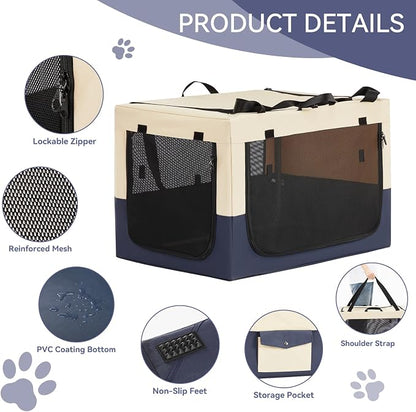 PETSFIT 36" Soft Portable Dog Crate – Patented Spiral Sturdy Frame, Collapsible Travel Kennel for Medium & Large Dogs, 3 Mesh Door, Lockable Zippers, Indoor & Car Use Navy Blue