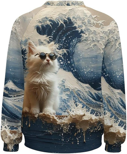 Long Sleeve Shirts for Women Cat Oil Painting Shirt 3D Graphic Sweatshirts Fall Pullover Crewneck Vintage Boho Tops