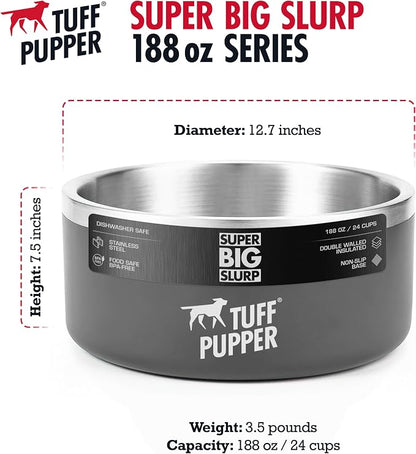 Tuff Pupper Heavy Duty Insulated Dog Bowl | Double Wall Stainless Steel Dog Food Dish | Non-Slip Spill Proof Dishwasher Safe Cat Bowl | Water Dish for Feeding Large Medium Small Pets (188oz, Grey)