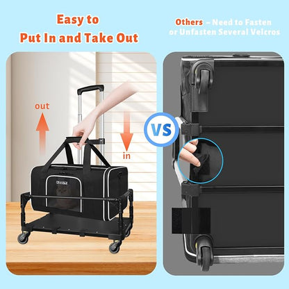 Small Pet Carrier 17"x11"x9.5" with Wheels Airline Approved, Black | for Alaska Airlines, Lockable Safety Zippers and Anti-Scratch Mesh, Pets Under 10 lbs