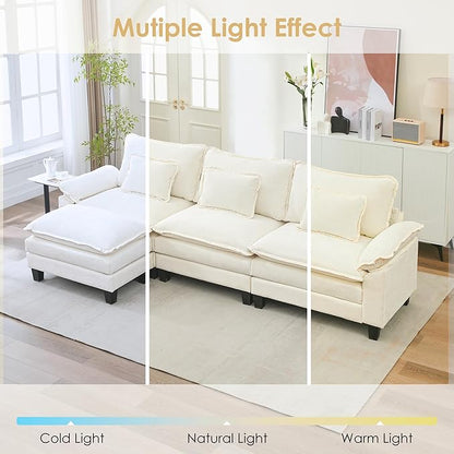URRED Cloud Couch Modular Sectional Sofa, 122'' Modern L Shaped Deep Seat Sofa with Ottoman & Pillows, Ultra Comfy Chenille Couches for Living Room, Bedroom or Apartment, White | Chenille Fabric, Skin Friendly, Breathable, Ergonomic Design, Flexible Mo...
