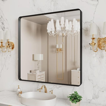 LOAAO 38x38 Inch Black Metal Framed Bathroom Mirror