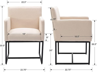BESTANO Linen Upholstered Dining Chairs with Arms Set of 2, Mid Century Modern Kitchen Chairs with Black Metal Frame Accent Armchairs Padded, Cream
