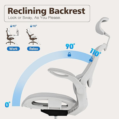 GABRYLLY Ergonomic Mesh Office Chair- White Desk Chair, Flip-Up Armrest, Adjustable Headrest, Tilting with Soft Seat and PU Wheel, Elite Home Desk Chair for Work, Study, Gaming (GY1108)