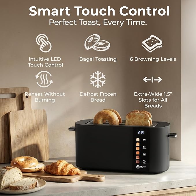 Toaster 4 Slice Wide Slot, Bagel Function, Long Slot, Stainless Steel, Touch