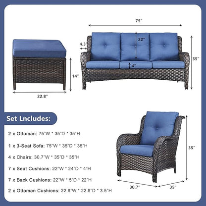 Rilyson Wicker Patio Furniture Set - 7 Piece Rattan Outdoor Sectional Conversation Sets with 1 Sofa,4 Armrest Chairs and 2 Ottomans for Porch Deck Garden(Brown/Blue)