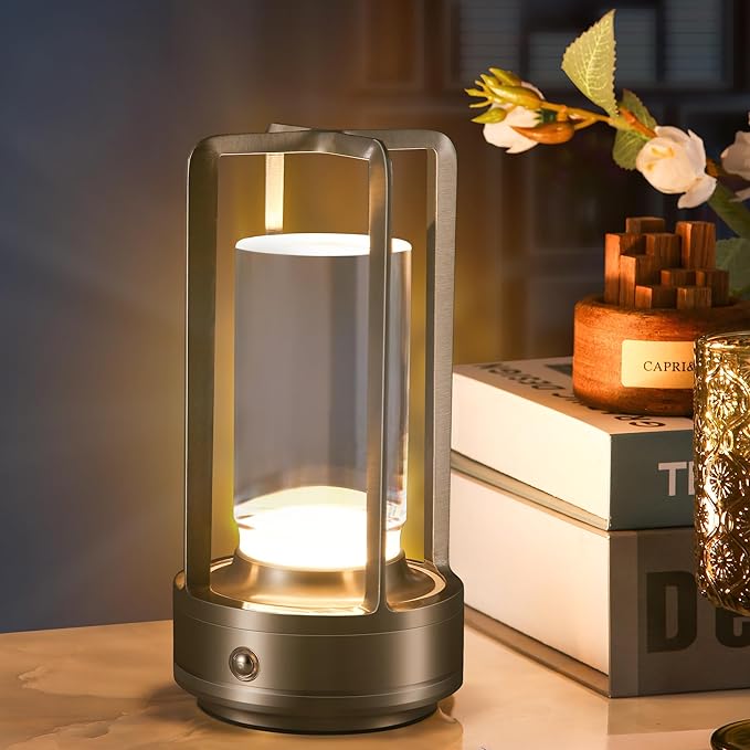 Portable Metal Table Lamp,Cordless Table Lamp, Rechargeable Battery Operated Lights, LED Table Lamps, 3 Color Stepless Dimming Touch, for Bedroom Restaurant Home Outdoor (Sliver)