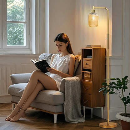 Glass Floor Lamp for Living Room, Dimmer Standing Lamp with Green Ribbed Lampshade,66” Tall Lamp & Gold Floor Lamp for Bedroom Study Room,Brushed Gold (Amber)