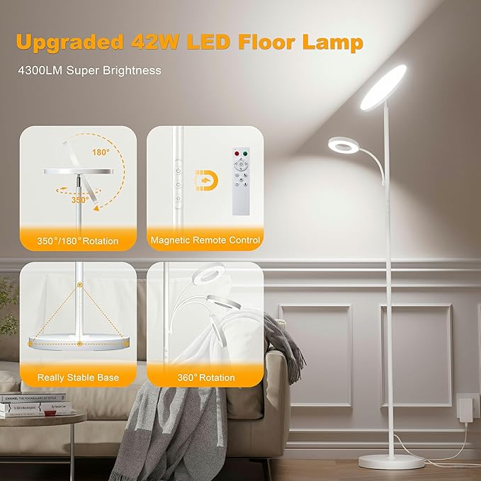 White Floor Lamps for Living Room Bedroom, 42W/4300LM Super Bright LED Floor Lamp with Remote and Touch Control, Stepless Dimmable, 69" Tall Standing Lamp with Gooseneck Reading Light for Office