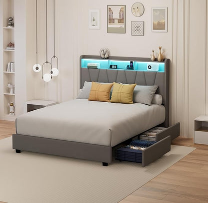 Full Size Bed Frame, Velvet Upholstered LED Platform Bed with Headboard Storage, Bed Frame Full Built-in Charging Station with 4 Drawers, Wood Slat Support, No Box Spring Needed, Grey