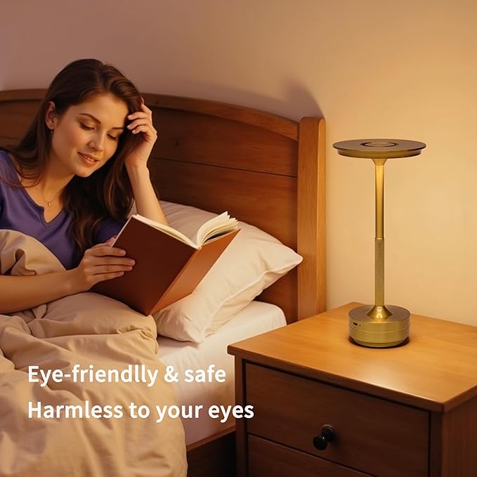 Gold Brushed LED Desk Lamp with Touch Control, 3 Color Modes, Dimmable, Built-in 5200mAh Battery, Eye-Friendly Flicker-Free Lighting, USB Type-C, Non-Slip Base