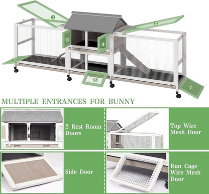 Gowoodhut 2-Story 93.1"L Rabbit Hutch Indoor and Outdoor with 8 Wheels,Wooden Rabbit Cage with 4 Pull Out Leak-Proof Trays for 2-4 Rabbits,Bunny Hutch with Asphalt Roof Bunny Cage with 7 Accesses,Grey