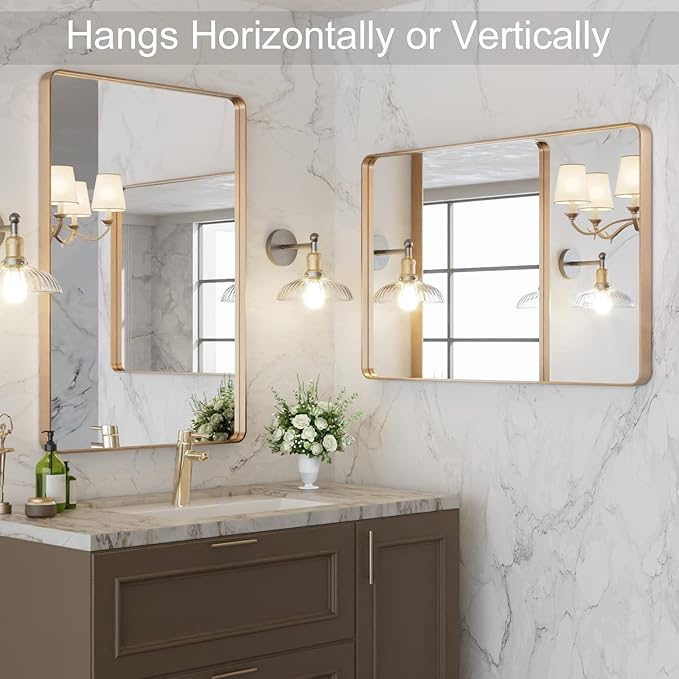 LOAAO 20”X30” Gold Bathroom Mirror, Rounded Rectangle Gold Frame Mirror
