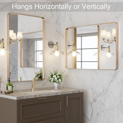 LOAAO 20”X30” Gold Bathroom Mirror, Rounded Rectangle Gold Frame Mirror