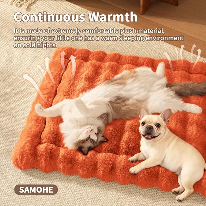 Cat Beds for Indoor Cats Faux Fur Pet Pad Mat Plush Kitten Bed with Non-Slip Bottom for Carriers/Couch Dog & Puppy Friendly 23 x 15 Inch Small Orange