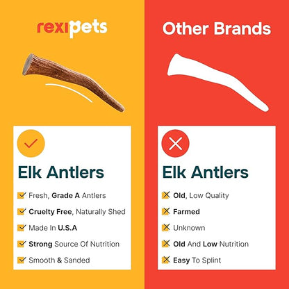 REXIPETS 100% Natural - Elk Antlers for Dogs - Naturally Shed in USA - Long Lasting Chews for Aggressive Chewers - Natural, Real Dog Antler Treats & Toys - Dog Chews - No Odor & No Mess - Large