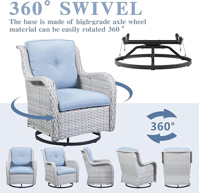 Belord Wicker Patio Furniture Sets - 8 Piece Outdoor Rattan Furniture Conversation Sets with 4 Swivel Rocker Chairs, Rattan Sofa, Wicker Ottomans and Coffee Table, Light Grey/Baby Blue