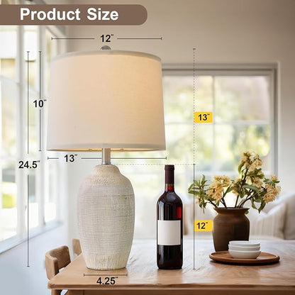 24 inch Vintage Ceramic Table Lamp - Single Farmhouse Rustic Bedside Lamp with Natural Textured Finish, Nightstand Lamps for Living Room, Bedroom, End Table