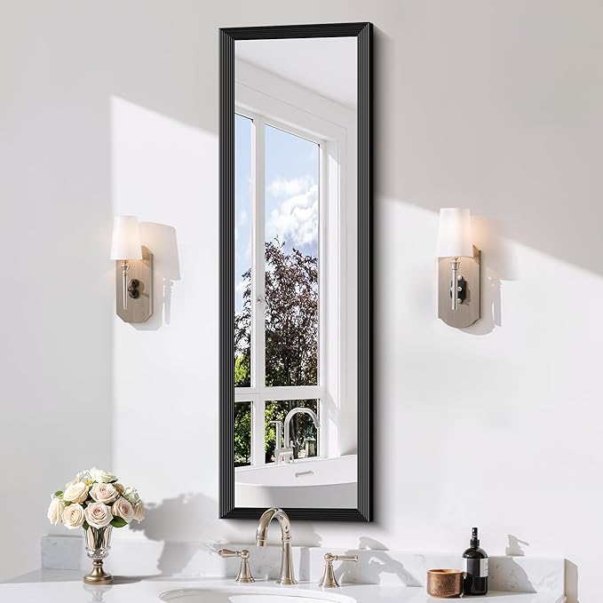 Black Bathroom Mirror 14 x 48 Inch Rectangle Wave Beveled