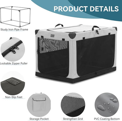 PETSFIT 30" Soft Portable Dog Crate – Patented Spiral Sturdy Frame, Collapsible Travel Kennel for Medium Dogs, 3 Mesh Door, Lockable Zippers, Indoor & Car Use Gray