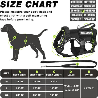 Tactical Service Dog Vest and Leash Set,Heavy Duty Harness with Metal Buckles for Large Dogs,Adjustable No Pull Pet Vest with 10 Patches,for Training Working Hiking,Black L