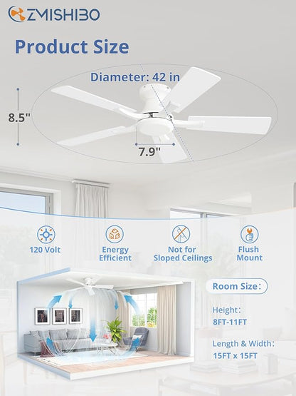 ZMISHIBO 42 Inch Ceiling Fan No Light, Flush Mount Low Profile, Modern White