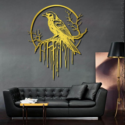 Crow Metal Wall Decor, Raven Wall Art, Large Gothic Raven Decor Hangings, Bird Wall Decor, Metal Tree Branch Decor, Ravens Sign, Raven Art for Living Room (Gold, 39"x31" | 100x80cm, metal wall art)