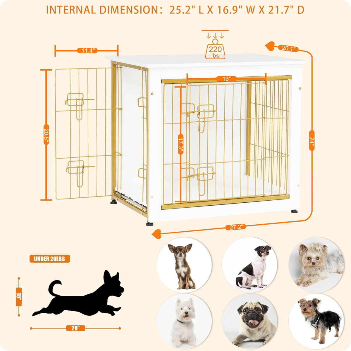DWANTON Dog Crate Furniture with Cushion, Wooden Kennel Table with Double Doors, Indoor Dog House, Small/Medium/Large Size, 27.2" L, White