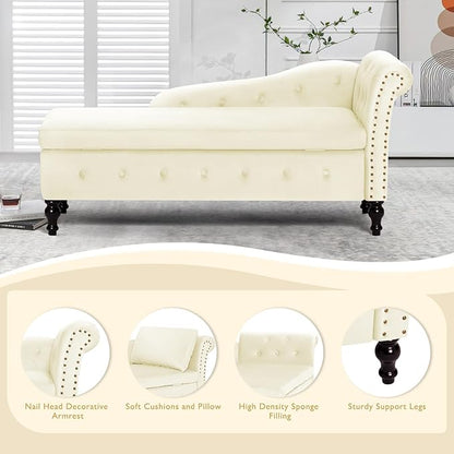 ACMEASE Upholstered Chaise Lounge with Right Armrest & Lumbar Pillow,Button Tufted Lounge Sofa with Storage,Lounge Chair Indoor,Modern Velvet Lounge Chair for Bedroom, Living Room and Office,Beige