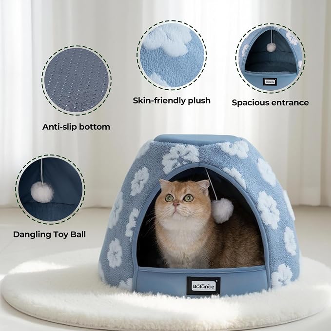 BALANCE Cat Beds for Indoor Cats, 2-in-1 Cat Bed Cave with Anti-Slip Bottom and Ultra-Soft Plush, Cozy Cats House Tent for Kittens and Small Dogs, 19 Inches, Blue
