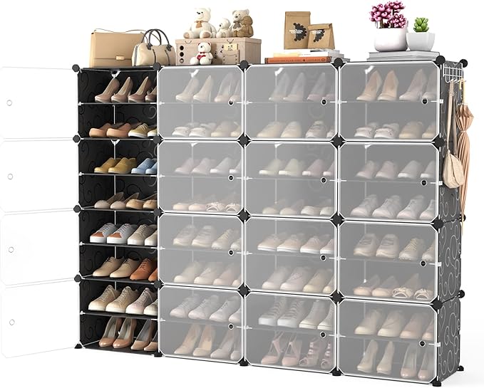 Portable Shoe Rack with Door, 64 Pairs Cabinet Easy Assembly, Plastic