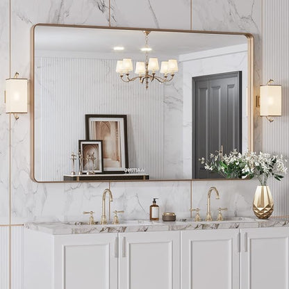 LOAAO 48”X30” Gold Bathroom Mirror, Rounded Rectangle Gold Frame Mirror