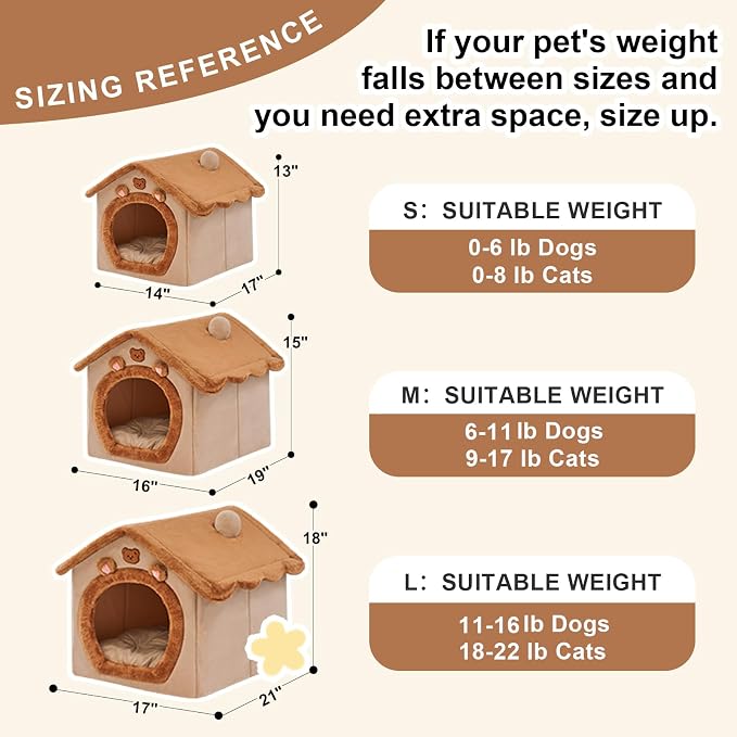Cute Small Dog House Indoor,Foldable House Kennel Bed with Cushion,Brown | L Size Tent for 11-16 lb Dogs and 18-22 lb Cats, Dog Cave Bed with Non-Slip Bottom, Soft Cozy Dog Cave Bed