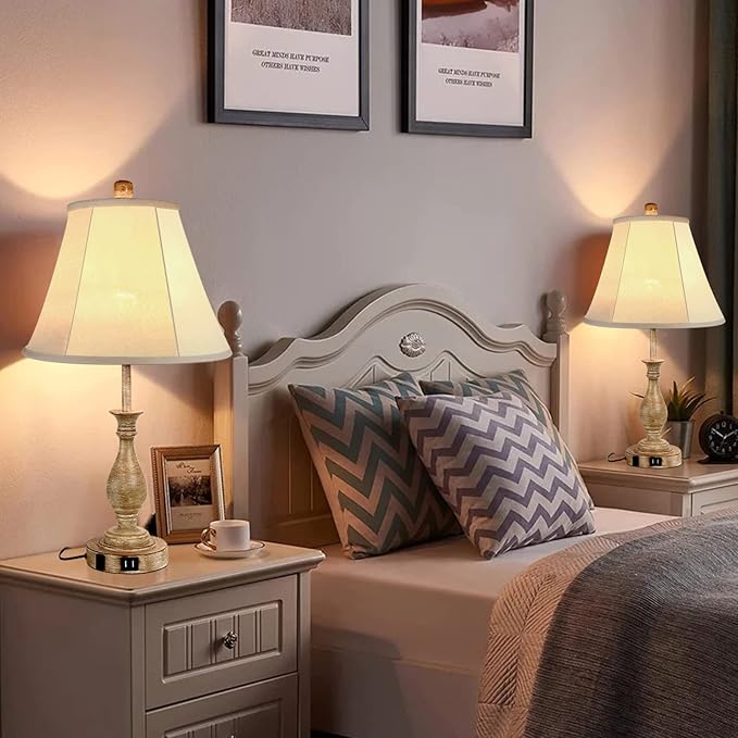 Farmhouse Table Lamp Touch Control 3-Way Dimmable Table Lamp, Modern Nightstand Lamp with 2 USB Port Bedside Desk Lamp with Fabric Shade for Living Room Bedroom Hotel (Pack 1-Beige Shade)