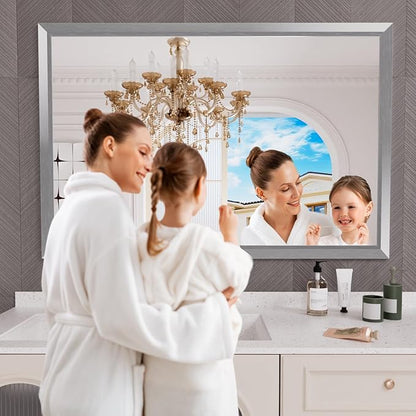 Amorho 60 X40 Inch Bathroom Mirror Silver, Thick Metal Framed Wall Mirrors