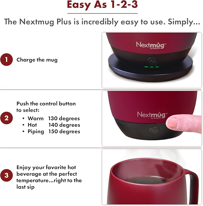 Nextmug Plus Temperature-Controlled, Self-Heating Mug – No App, Long-Lasting