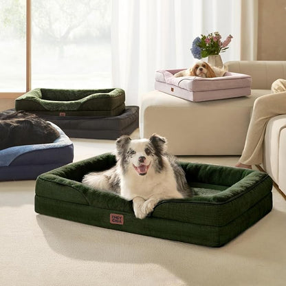 EHEYCIGA Orthopedic Dog Bed for Medium Dog, 35x22x6.5 Inch Memory Foam Dog Couch Bed with Sides, Waterproof Liner & Washable Removable Cover, Bolster Pet Sofa, Dark Green