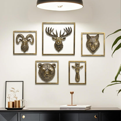 JJALIGHTS Animal Heads Wall Decor Resin Animals Sculptures Head Wall Hanging Decoration Imitation Copper vintage Wall Sculpture for Living Room Bedroom Office(5pcs,Includes Metal Frame)