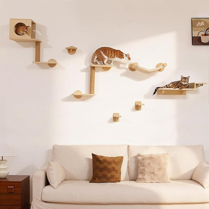 FUKUMARU Cat Wall Shelves, Food Station with 2 Steps | 3 in 1 Cats Walls Furniture Set, Birch Plywood Perch, Suitable for Kitten Play, Nap, Eat, DIY Wall Jungle Gym