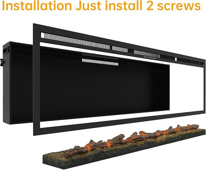 60" Electric Fireplace, Ultra-Thin Recessed/Wall Mounted Electric Fireplace