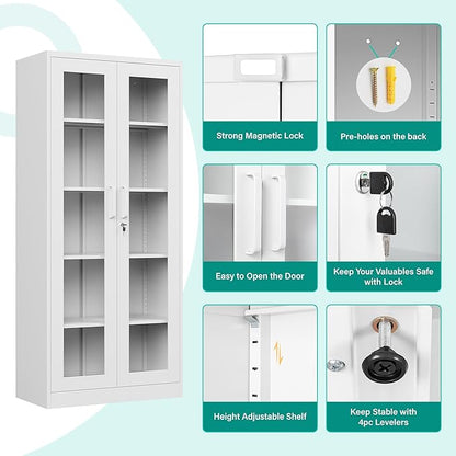 Metal Storage Cabinet with Lock and Glass Doors, Locking Curio Cabinets with 5