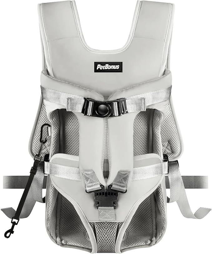PetBonus Dog Front Carrier Backpacks, Legs Out Easy-fit Puppy Chest Carrier | Hands Free, Adjustable, Safety Strap, Walking Hiking Cycling Motorcycle bag, For Small Medium Dogs (Grey, M)