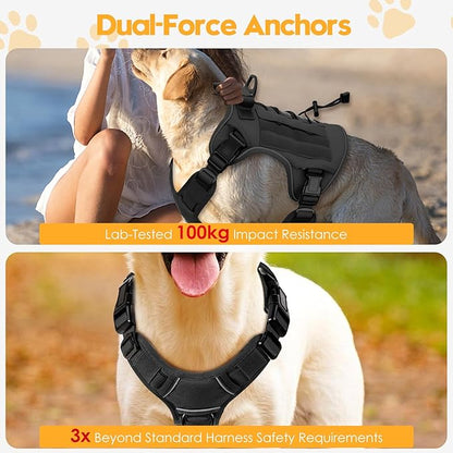 Heavy-Duty Tactical Dog Harness for Large Dogs, No Pull Adjustable Reflective Pet Vest with Molle System, K9 Military-Grade Control for Service Training, Outdoor & 10+ Breeds, Black, XX-Large