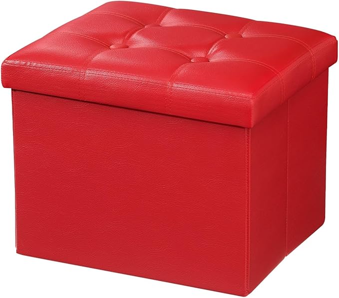 AmasSmile Storage Ottoman Folding Foot Rest Stool, Leather Footstool Bench, Short Ottoman Stool, Storage Foot Rest Store, Books (Red, 17" D x 13" W x 13" H)