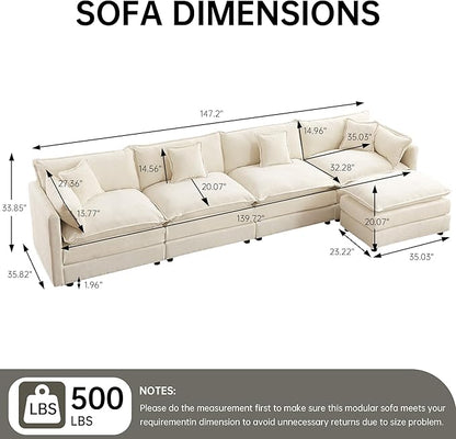 saows Modular Sectional Sofa, 147.2 Inch L Shaped Couch Set with Armrests, 4-Seater Comfy Cloud Couches with Movable Ottoman for Living Room Apartment, Beige