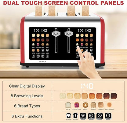 4 Slice Toaster Touch Screen, Stainless Steel Toasters Digital Timer, Dual