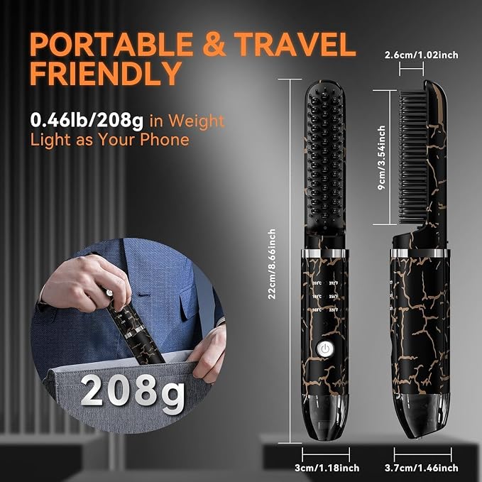 Beard Straightener for Men, Cordless Heated Beard Brush, Portable Beard Hot Combs, Ionic Mini Hair Straightener with 3 Temp Settings, Coarse Curly Hair Brush, Grooming Kit for Men