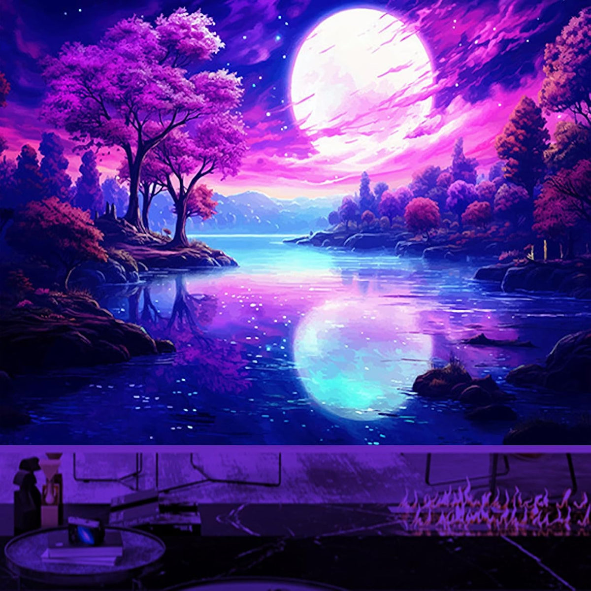 Atrippy Blacklight Pink Tapestry for Bedroom, UV Reactive Mountain Nature Tree Room Decor Wall Tapestries, Moon Landscape Forest Backdrop for Living Room Dorm Office 40" X 60"