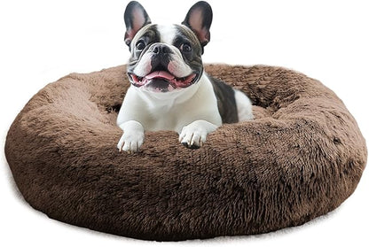JOLLYVOGUE Calming Dog Bed Medium Size Dog, Anti-Anxiety Donut Medium Pet Bed, 27 inches Fluffy Faux Fur Round Cat Bed (Coffee)