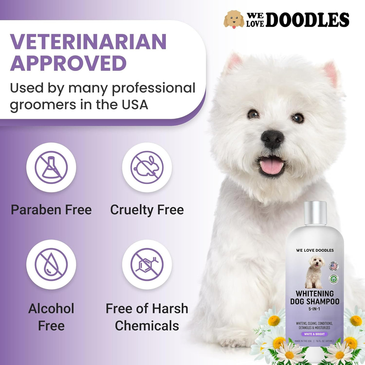 Whitening Dog Shampoo | Made in USA | Brightening Dogs Fur | White & Bright Hair | Removes Stains & Discoloration [We Love Doodles]